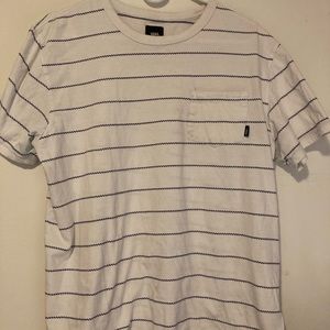 Vans stripe t shirt.  White base with purple stripes. Front pocket works great.